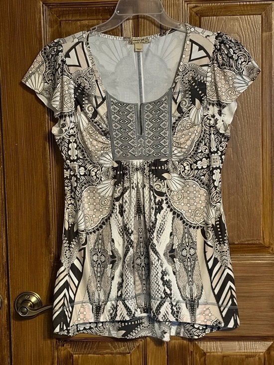 Energe' World Wear Tops - Energe' World Wear Printed Silky Scoop-Neck Tunic Top in Brown, White & Beige
